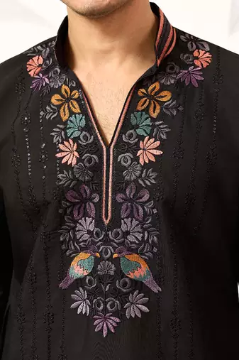 Mens black silk blend embroidered straight kurta with trousers