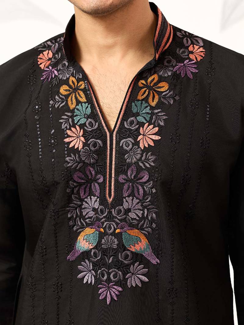 Mens black silk blend embroidered straight kurta with trousers