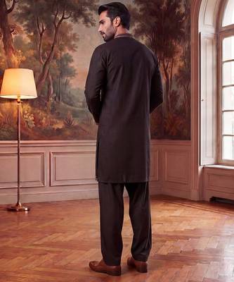 Mens black silk blend embroidered straight kurta with trousers 3