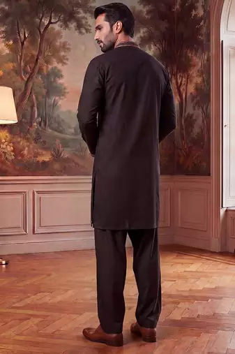 Mens black silk blend embroidered straight kurta with trousers
