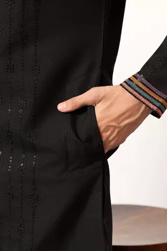 Mens black silk blend embroidered straight kurta with trousers