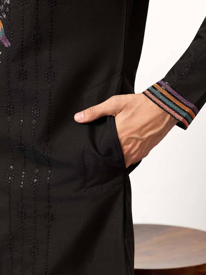 Mens black silk blend embroidered straight kurta with trousers