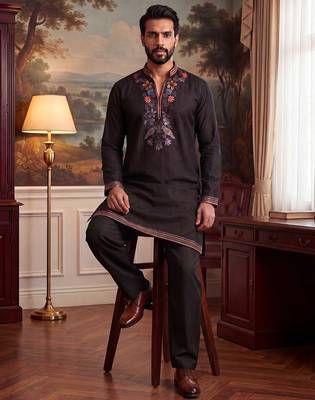Mens black silk blend embroidered straight kurta with trousers 4