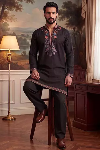 Mens black silk blend embroidered straight kurta with trousers