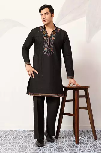 Mens black silk blend embroidered straight kurta with trousers