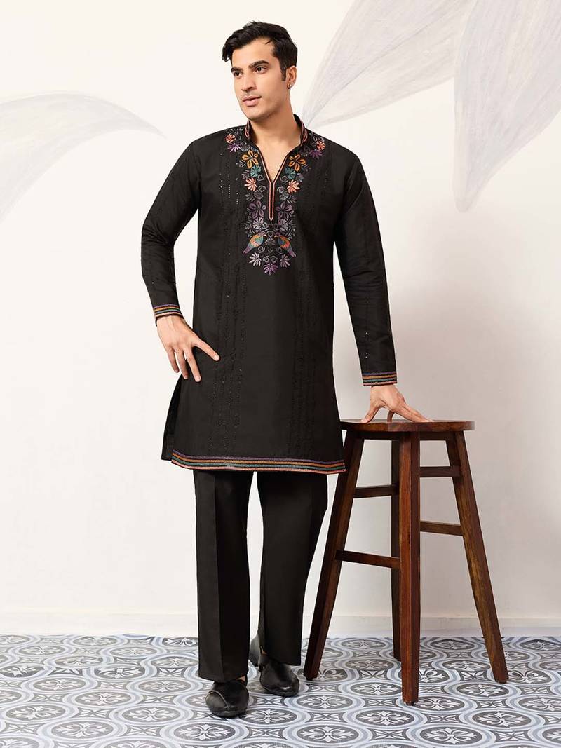 Mens black silk blend embroidered straight kurta with trousers