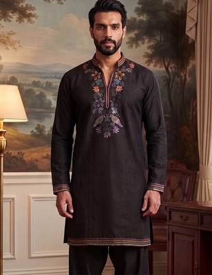 Mens black silk blend embroidered straight kurta with trousers 5