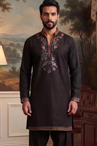 Mens black silk blend embroidered straight kurta with trousers