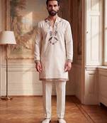Mens white silk blend embroidered straight kurta with trousers
