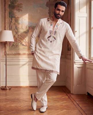 Mens white silk blend embroidered straight kurta with trousers 2