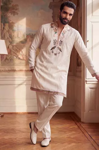 Mens white silk blend embroidered straight kurta with trousers