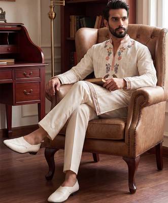 Mens white silk blend embroidered straight kurta with trousers 3