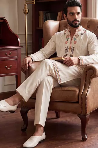 Mens white silk blend embroidered straight kurta with trousers