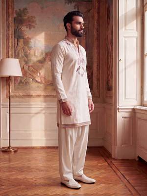 Mens white silk blend embroidered straight kurta with trousers 4