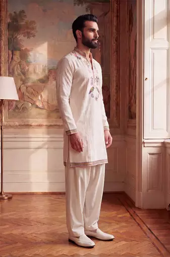 Mens white silk blend embroidered straight kurta with trousers