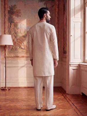Mens white silk blend embroidered straight kurta with trousers 5