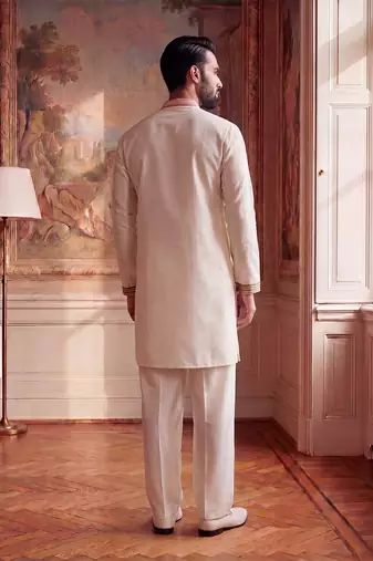 Mens white silk blend embroidered straight kurta with trousers