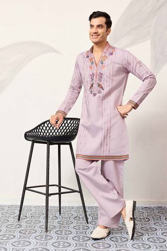 Mens lavender silk blend embroidered straight kurta with trousers