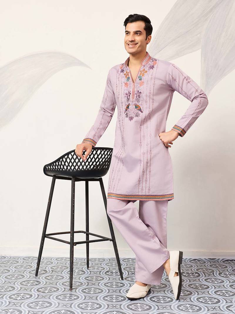 Mens lavender silk blend embroidered straight kurta with trousers