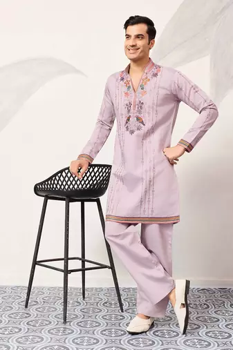 Mens lavender silk blend embroidered straight kurta with trousers