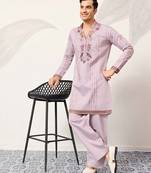 Mens lavender silk blend embroidered straight kurta with trousers