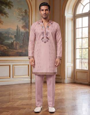 Mens lavender silk blend embroidered straight kurta with trousers 1