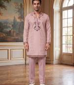 Mens lavender silk blend embroidered straight kurta with trousers