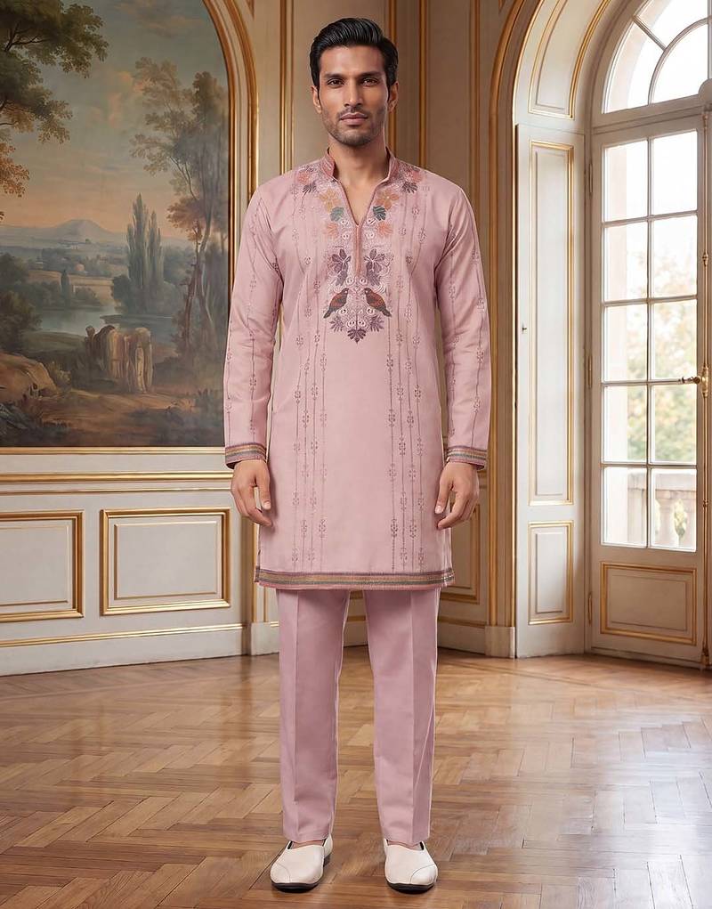 Mens lavender silk blend embroidered straight kurta with trousers