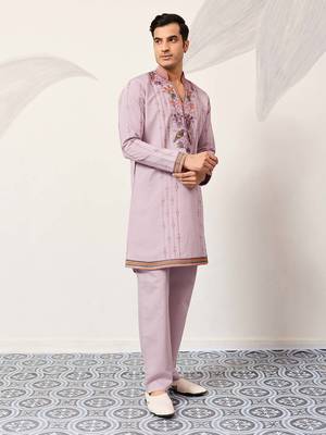 Mens lavender silk blend embroidered straight kurta with trousers 2