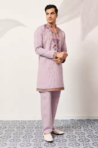 Mens lavender silk blend embroidered straight kurta with trousers