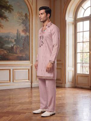 Mens lavender silk blend embroidered straight kurta with trousers 2