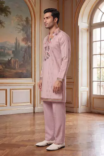 Mens lavender silk blend embroidered straight kurta with trousers