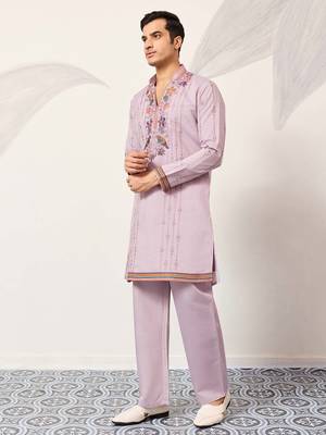 Mens lavender silk blend embroidered straight kurta with trousers 3