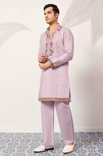 Mens lavender silk blend embroidered straight kurta with trousers