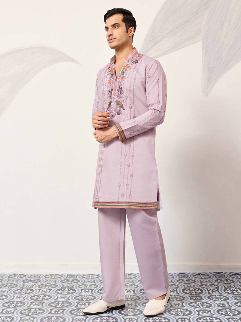Mens lavender silk blend embroidered straight kurta with trousers