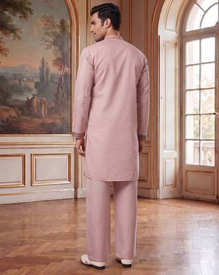 Mens lavender silk blend embroidered straight kurta with trousers 3