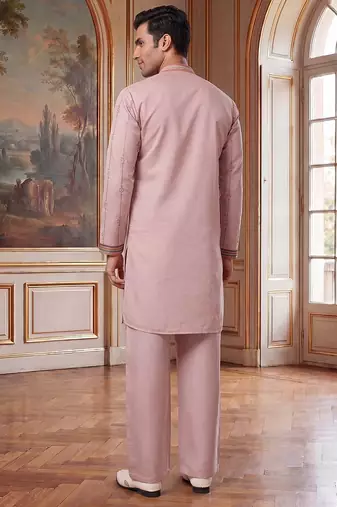 Mens lavender silk blend embroidered straight kurta with trousers