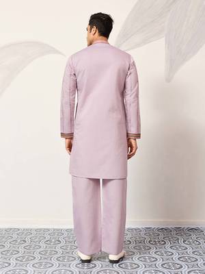 Mens lavender silk blend embroidered straight kurta with trousers 4