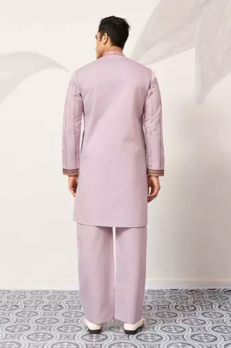 Mens lavender silk blend embroidered straight kurta with trousers