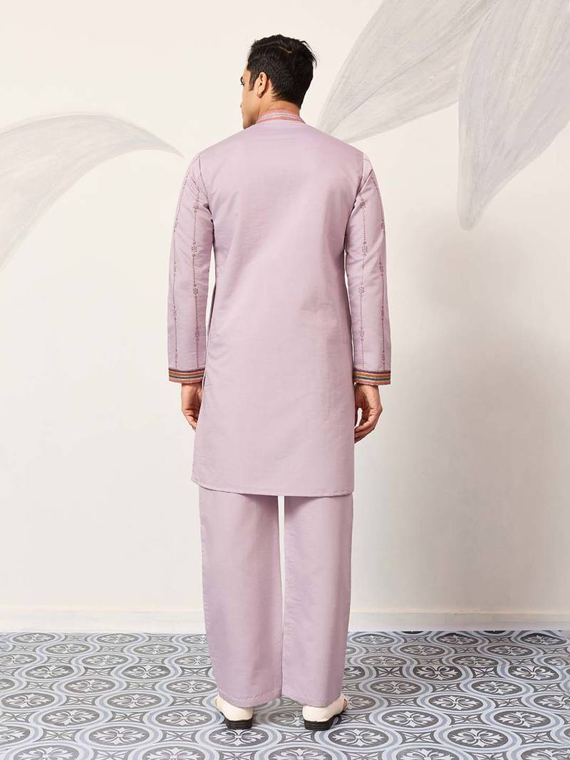 Mens lavender silk blend embroidered straight kurta with trousers