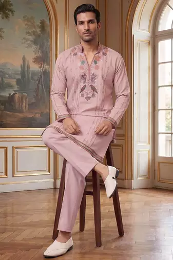 Mens lavender silk blend embroidered straight kurta with trousers