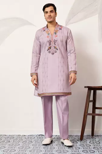 Mens lavender silk blend embroidered straight kurta with trousers