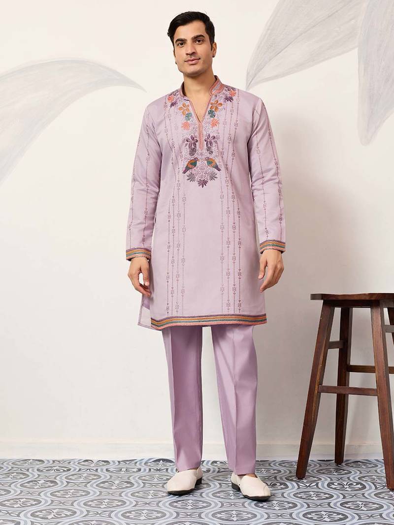 Mens lavender silk blend embroidered straight kurta with trousers