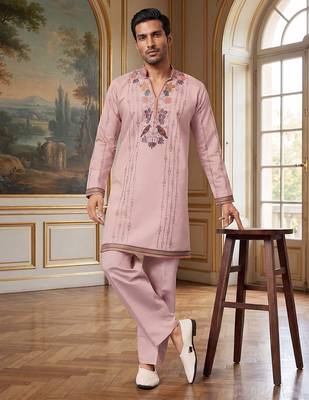 Mens lavender silk blend embroidered straight kurta with trousers 5