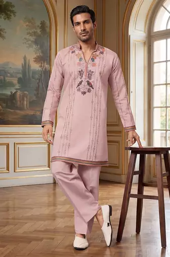 Mens lavender silk blend embroidered straight kurta with trousers
