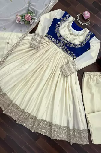 Off white chinon silk thread with sequin anarkali suit