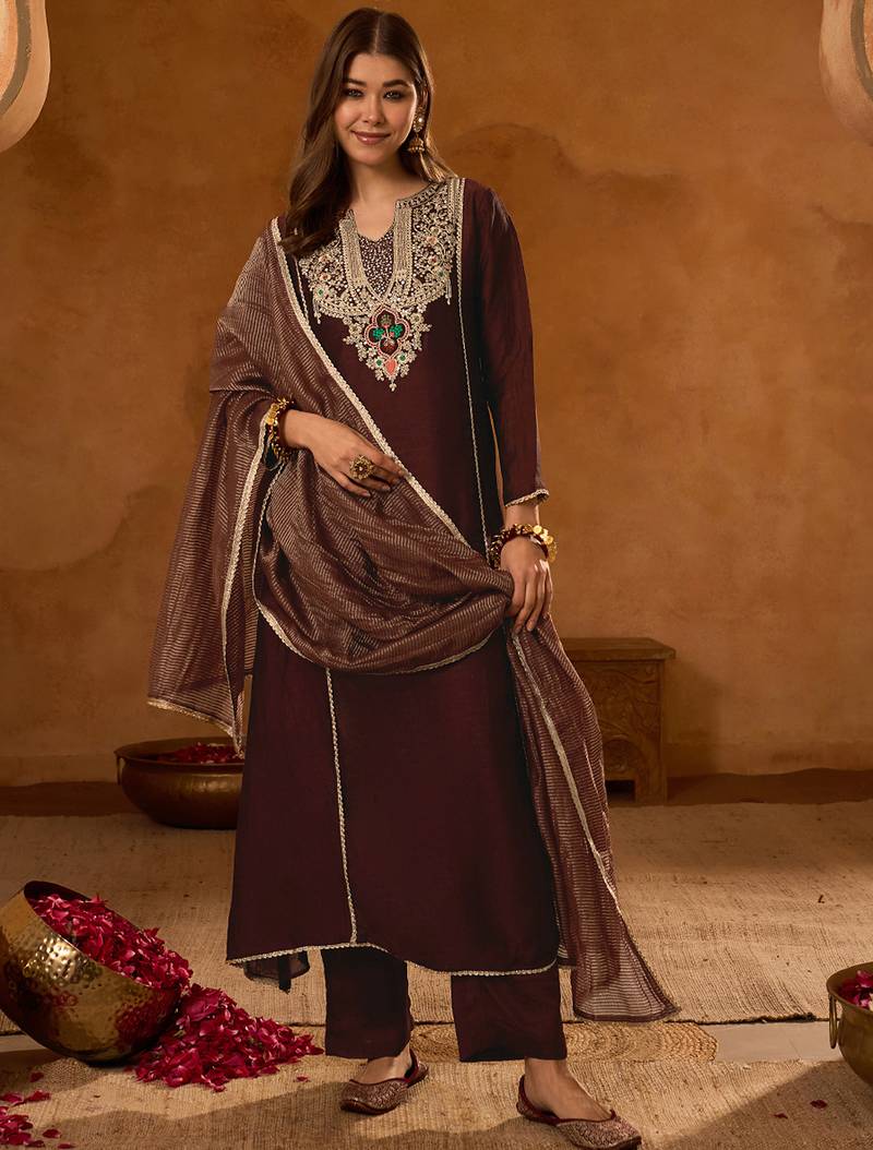 Women's Beautiful Embroidery Work Viscose Silk Fabric A-line Kurta Pant and Dupatta Set