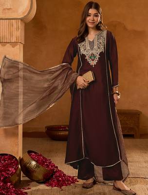Women's Beautiful Embroidery Work Viscose Silk Fabric A-line Kurta Pant and Dupatta Set 3