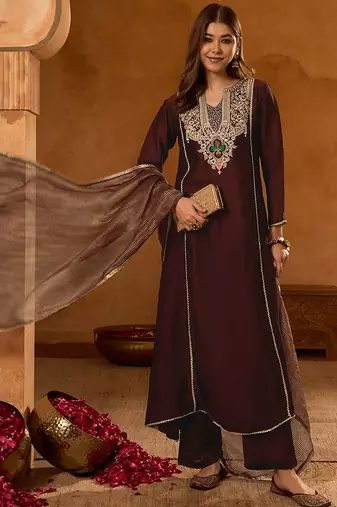 Women's Beautiful Embroidery Work Viscose Silk Fabric A-line Kurta Pant and Dupatta Set