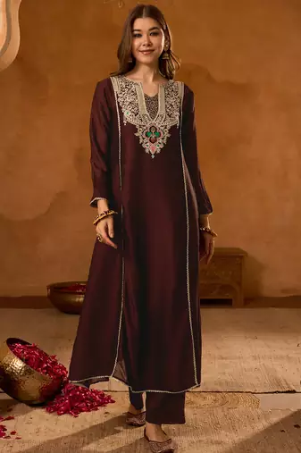 Women's Beautiful Embroidery Work Viscose Silk Fabric A-line Kurta Pant and Dupatta Set